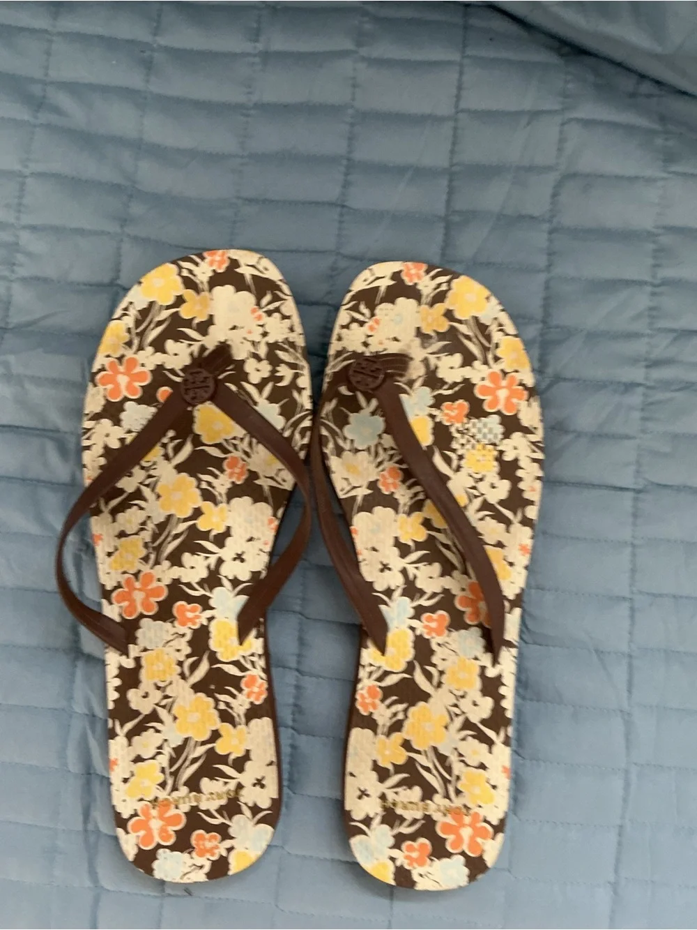 Tory Burch Brown Floral Flip Flop Sandals with Yellow & Orange Accents
